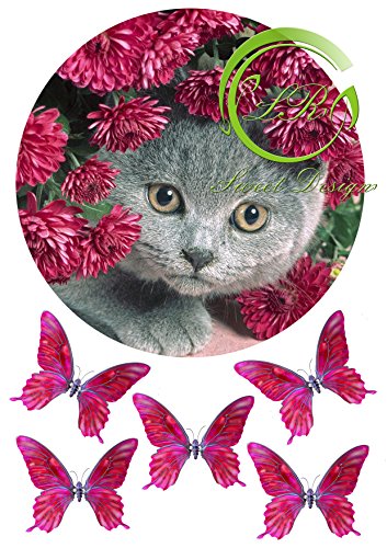 Katze mit Blume №3 Tortenaufleger,Geburtstag, … Deckopapier Zuckerpapier von lrsweetdesign