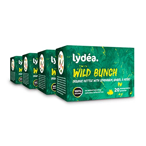 Lydea Bio-Brennnessel – köstliche Kräuterteemischung mit Ingwer, Zitronenmelisse und mehr – natürlich koffeinfrei, 80 biologisch abbaubare Pyramiden, 4er-Pack [4 x 20 Pyramiden] von lydéa