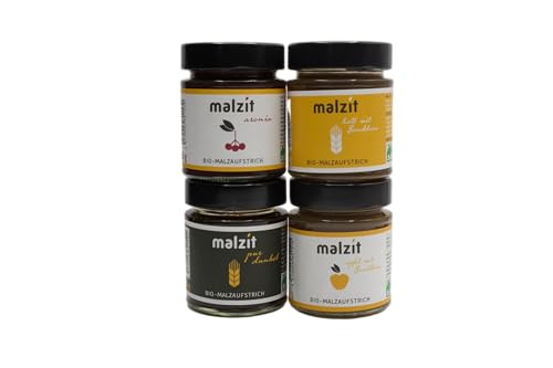 malzit Brotaufstrich im Glas, Starter-Box 4 x 150 g, Apfel, Aronia, Hell & Dunkel, Bio & Vegan, Wenig Zucker, Gerstenmalz, Aufstrich für Brot, Brötchen & Croissants von malzit