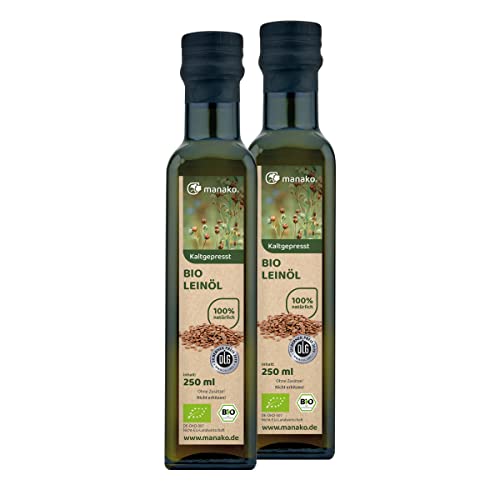 manako BIO Leinöl human, kaltgepresst und 100% rein, 2 x 250 ml Glasflaschen von manako