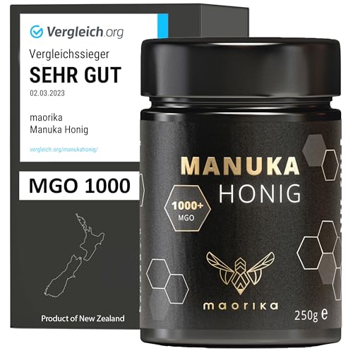 Manuka Honig 1000 MGO + 250g im Glas (lichtundurchlässig, kein Plastik) - laborgeprüft, zertifiziert aus Neuseeland - maorika von maorika