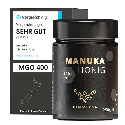 maorika - Manuka Honig 400 MGO + 250g im Glas (lichtundurchlässig, kein Plastik) - laborgeprüft, zertifiziert aus Neuseeland von maorika
