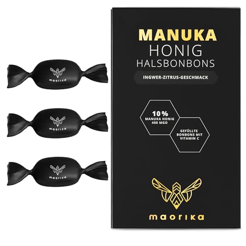 maorika Manuka Honig Bonbons mit erfrischend-belebendem Ingwer Zitrus Geschmack - Manuka Halsbonbons MGO 400+ aus Neuseeland, zertifiziert und laborgeprüft (100g, 19 Stück) von maorika