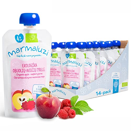 Bio Quetschies von Marmaluzi - Premium Baby Quetschie für Kinder ab 4 Monaten - Fruchtmus ohne Zuckerzusatz und Zusatzstoffe - Apfel & Himbeeren - 14er Pack (14 x 90g.) von marmaluzi