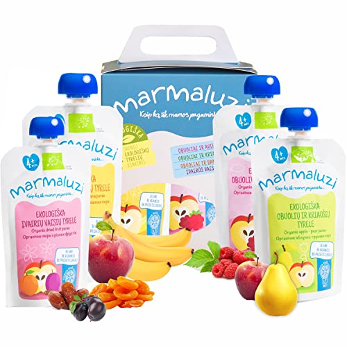 Bio Quetschies von Marmaluzi - Premium Baby Quetschie für Kinder ab 6 Monaten - Fruchtmus ohne Zuckerzusatz und Zusatzstoffe - Geschenkset - 4 Pack (4 x 90g.) von marmaluzi