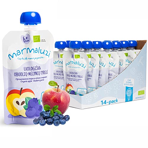 Bio Quetschies von Marmaluzi - Premium Baby Quetschie für Kinder ab 6 Monaten - Fruchtmus ohne Zuckerzusatz und Zusatzstoffe - Apfel & Heidelbeere - 14er Pack (14 x 90g.) von marmaluzi