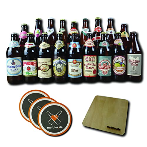 meibier© Best of Franken - Bier Box aus Franken,18x 0,5 Liter fränkisches Bier + Holz Untersetzer + 3x Bierfilz, tolles Bier Geschenk, Bierbox, Bierpaket von meibier.de