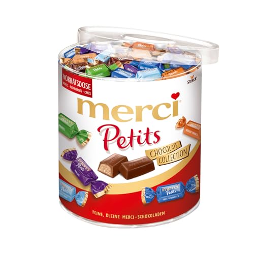 merci Petits Chocolate Collection – 1 x 1000g – Mix aus nicht gefüllten und gefüllten Schokoladen-Spezialitäten in praktischer Runddose von merci Petits