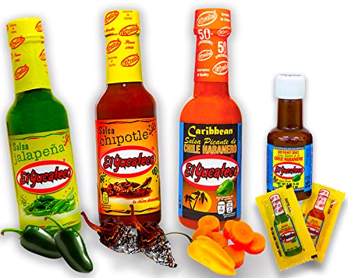 El Yucateco Scharfe Soße Set - 100% Mexiko - Caribbean, Chipotle und Jalapeno je 120 ml und Kutbil Salsa Miniflasche 22ml Hot Sauce Habanero Chili Sauce Set (Pack von 4) von mexhaus