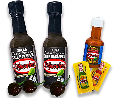 El Yucateco Scharfe Soße Set - 100% Mexiko - Black Label je 120ml und Caribbean Salsa Miniflasche 22ml Hot Sauce Habanero Chili Sauce Set (Pack von 3) von mexhaus