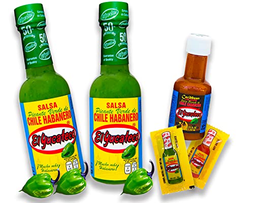 El Yucateco Scharfe Soße Set - 100% Mexiko - Grüne Salsa je 120ml und Caribbean Salsa Miniflasche 22ml Hot Sauce Habanero Chili Sauce Set (Pack von 3) von mexhaus