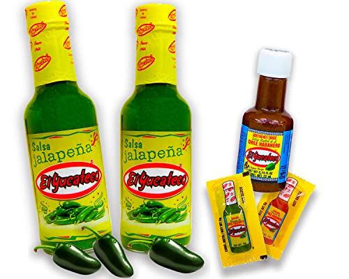 El Yucateco Scharfe Soße Set - 100% Mexiko - Jalapeno Salsa je 120ml und Kutbil Salsa Miniflasche 22ml Hot Sauce Habanero Chili Sauce Set (Pack von 3) von mexhaus