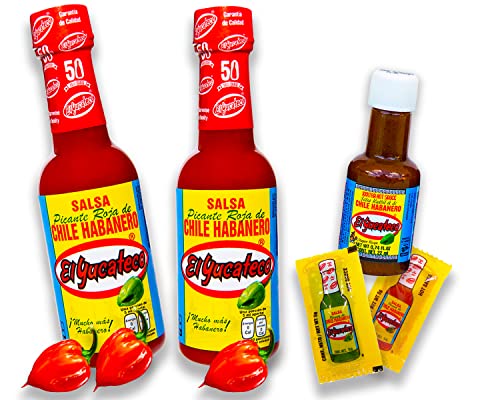 El Yucateco Scharfe Soße Set - 100% Mexiko - Rote Salsa je 120ml und Kutbil Salsa Miniflasche 22ml Hot Sauce Habanero Chili Sauce Set (Pack von 3) von mexhaus