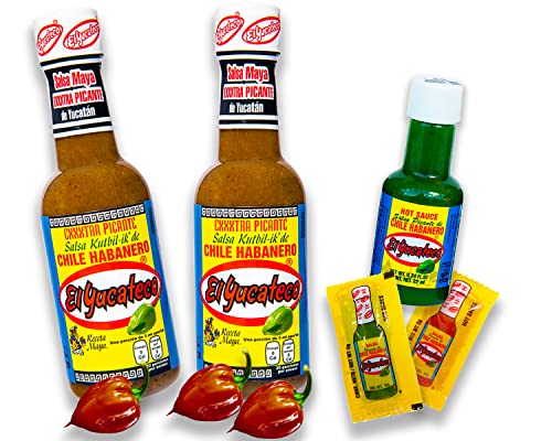 El Yucateco Scharfe Soße Set - 100% Mexiko - XXXtra Kutbil je 120ml und Grüne Salsa Miniflasche 22ml Hot Sauce Habanero Chili Sauce Set (Set von 3) von mexhaus