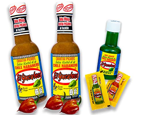 El Yucateco Scharfe Soßen Set – 100% Mexiko – 2 Flaschen XXXtra Kutbil je 120 ml + Miniflasche (22 ml) – Habanero Chili Sauce für Tacos, Grillgerichte und Dips von mexhaus