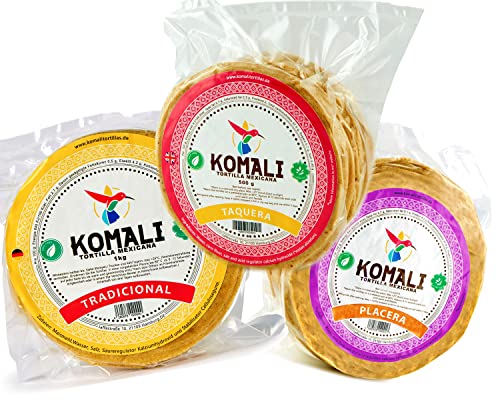 Komali Gelbe Maistortillas Mexikanische - (Pack von 3) Tortilla Traditional (15cm 500g), Taquera (12cm 500g), Placera (10cm 400g) - 100% Mais Tortillas, Tortillas de Maiz von mexhaus