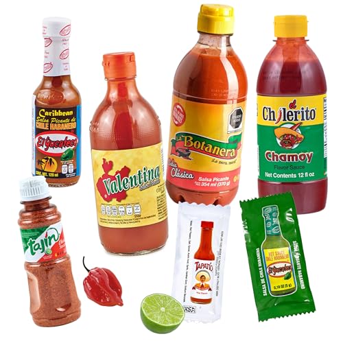 Klassische mexikanische Snack-Saucen und Limette-Gewürzpulver Set (5 Sorten) – 100% Mexiko - Tajín, El Chilerito, La Botaneta, Valentina und El Yucateco und 2 Salsa-Tütchen von mexhaus