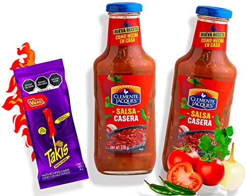 Salsa Casera Scharfe Soße Set - (Pack von 2) Hot Sauce Set/Tomaten Chili Sauce aus Mexiko Clemente Jacques plus Takis Fuego Lollipop von mexhaus