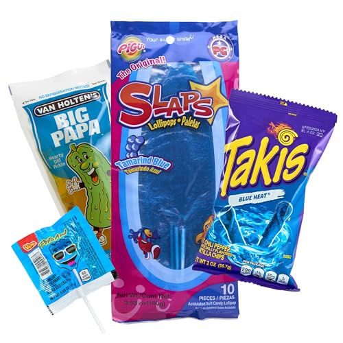 Snackbox BLUE - Party-Mix Snacks mit Takis Heat Blue 56g, Pigui Slaps Tamarind Blue, Van Holten's Big Papa und Vero Lollis Blau (Pack von 4) von mexhaus