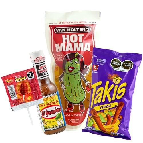 Snackbox RED HOT CHILI - Party-Mix Snacks mit Takis Fuego 56g, El Yucateco XXXtra Kutbil scharfe Soße, Van Holten's Hot Mama und Vero Lollis (Pack von 4) von mexhaus