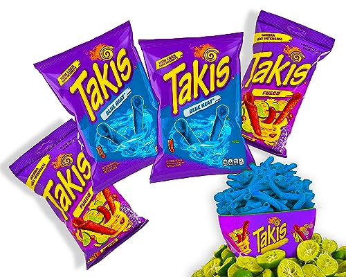 Takis Chips Box - 2x Blaue Takis Blue Heat 92g und 2x Takis Fuego 56g - Chips Grosspackung Chips scharf (Pack von 4) von mexhaus