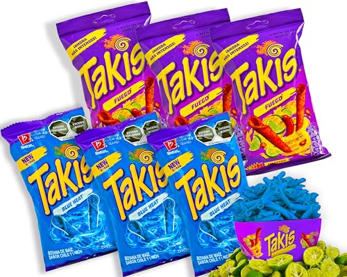Takis Chips Box - 3x Takis Blue Heat 56g und 3x Takis Fuego 56g - Chips Grosspackung Chips scharf (Pack von 6) - Blaue Takis und Takis Fuego von mexhaus