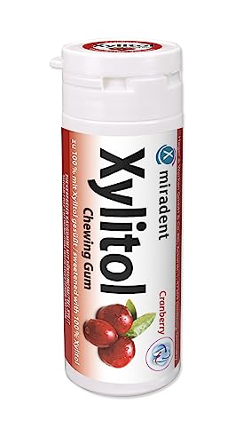 miradent Xylitol Zahnpflegekaugummi Cranberry Dose 30 Stück (1 x 30 g) | fruchtiger Geschmack | zuckerfrei | vegan | kariespräventiv | ohne Aspartam, Sorbitol, Laktose, Titanium Dioxid | für unterwegs von miradent