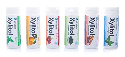 Miradent Xylitol Kaugummi, 6er Pack (Pfefferminze, Spearmint, Grüner Tee, Cranberry, Frucht, Zimt) 6 x 30 Stück von miradent