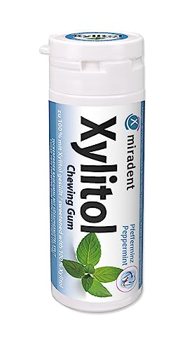 miradent Xylitol Zahnpflegekaugummi Pfefferminze Dose 30 Stück (1 x 30 g) | erfrischender Geschmack | zuckerfrei | vegan | kariespräventiv | für unterwegs von miradent