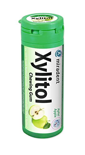 miradent Xylitol Zahnpflegekaugummi Apfel Dose 30 Stück (1 x 30 g) | fruchtiger Geschmack | zuckerfrei | vegan | kariespräventiv | für unterwegs von miradent