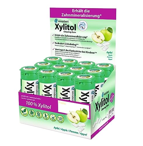 miradent Xylitol Zahnpflegekaugummi Apfel Display 12 St. | erfrischender Geschmack | zuckerfrei | vegan | kariespräventiv | für unterwegs von miradent
