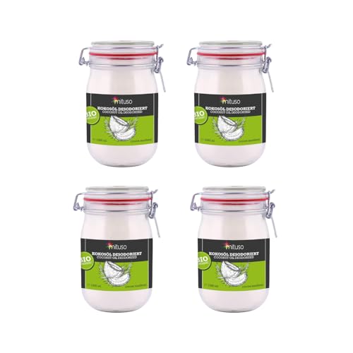 mituso Bio Kokosöl desodoriert 4 Liter | Geschmacksneutral - Ideal zum Braten, Backen, Frittieren | vegan, ohne Zusätze - Vielseitig für Haut & Haar | im Drahtbügelglas von mituso
