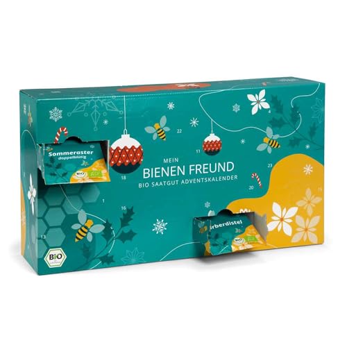 BIO Saatgut Adventskalender 2023 "Bienen-Freund" - 24 Schachteln mit Blumen & Kräuter Samen, samenfest, personalisierbarer Garten-Kalender von mohnblume