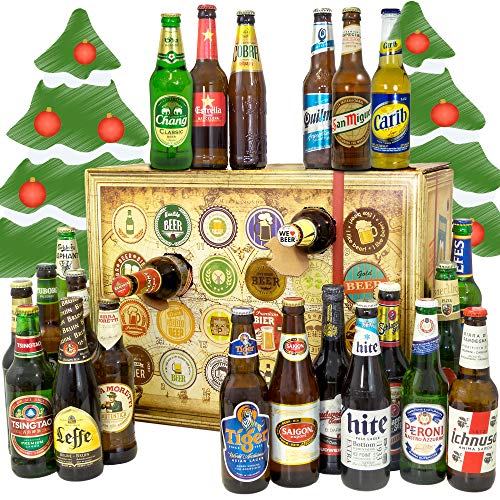 Bier Adventskalender Welt / mit Tsingtao + Saigon Export + Cobra Premium Beer + mehr / 24 Biersorten in FLASCHEN Bieradventskalender Welt 2019 / Adventskalender für Erwachsene von monatsgeschenke.de