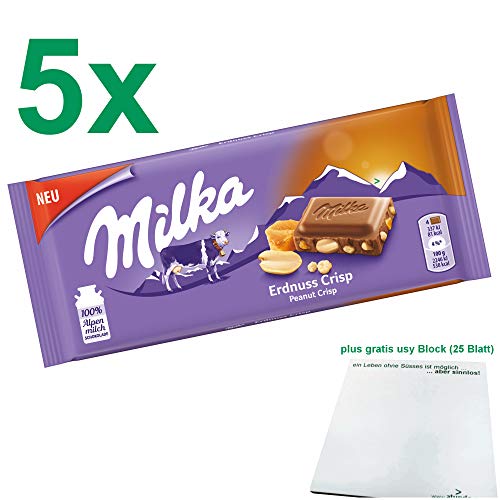 Milka Schokoladen-Tafel Erdnuss Crisp 5x90g (Peanut Crisp) plus gratis usy Block von Mondelez