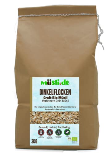 müsli.de BIO Dinkelflocken - 3kg, für eine vegane Ernährung geeignet. Knackiger Geschmack dank Vollkornflocken. Starte klassisch in den Tag! ... (3kg Beutel (1 Stück)) von müsli.de