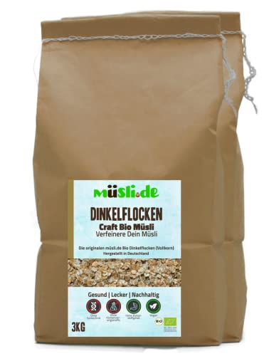 müsli.de BIO Dinkelflocken - 3kg, für eine vegane Ernährung geeignet. Knackiger Geschmack dank Vollkornflocken. Starte klassisch in den Tag! ... (3kg Beutel (2 Stück)) von müsli.de