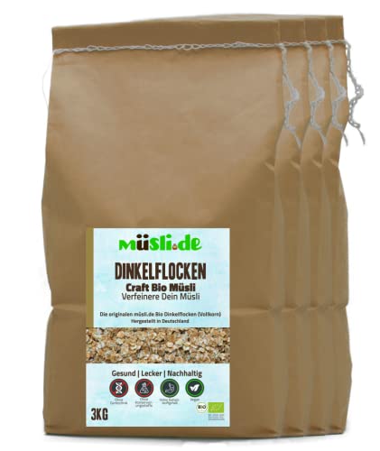 müsli.de BIO Dinkelflocken - 3kg, für eine vegane Ernährung geeignet. Knackiger Geschmack dank Vollkornflocken. Starte klassisch in den Tag! ... (3kg Beutel (4 Stück)) von müsli.de