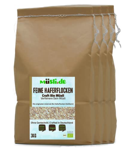 müsli.de BIO Feine Haferflocken 1x3kg, für eine vegane Ernährung geeignet. Knackiger Geschmack dank Vollkornflocken. Starte klassisch in den Tag! (3kg Beutel (4 Stück)) von müslide