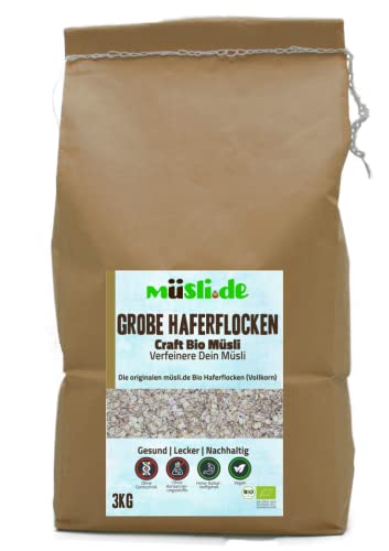 müsli.de BIO Grobe Haferflocken 1x3000g, für eine vegane Ernährung geeignet. Knackiger Geschmack dank Vollkornflocken. Starte klassisch in den Tag! von müsli.de