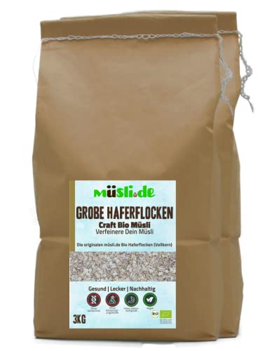 müsli.de BIO Grobe Haferflocken 1x3kg, für eine vegane Ernährung geeignet. Knackiger Geschmack dank Vollkornflocken. Starte klassisch in den Tag! (3kg Beutel (2 Stück)) von müsli.de