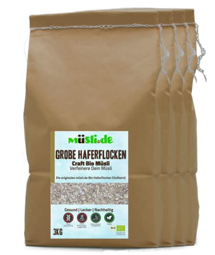 müsli.de BIO Grobe Haferflocken 1x3kg, für eine vegane Ernährung geeignet. Knackiger Geschmack dank Vollkornflocken. Starte klassisch in den Tag! (3kg Beutel (4 Stück)) von müsli.de