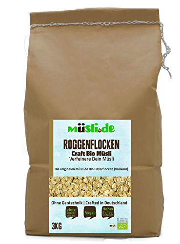 HDmirrorR müsli.de Bio Roggenflocken 1x3kg, für eine vegane Ernährung geeignet. Knackiger Geschmack Dank Vollkornflocken. Starte klassisch in den Tag! (3kg Beutel (1 Stück)) von müslide