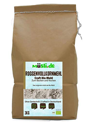 müsli.de BIO Roggenvollkornmehl - 3kg, zum Backen (z.B. Brot, Brötchen, Gebäck und Kuchen) und Kochen geeignet. von müslide