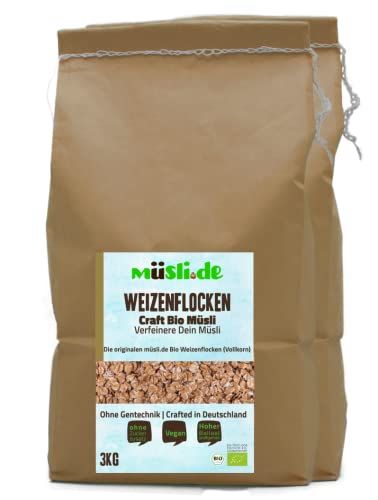 müsli.de BIO Weizenflocken - 3kg, für eine vegane Ernährung geeignet. Knackiger Geschmack dank Vollkornflocken. Starte klassisch in den Tag! ... (3kg Beutel (2 Stück)) von müsli.de