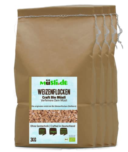 müsli.de BIO Weizenflocken - 3kg, für eine vegane Ernährung geeignet. Knackiger Geschmack dank Vollkornflocken. Starte klassisch in den Tag! ... (3kg Beutel (4 Stück)) von müsli.de