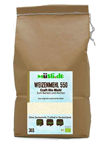 müsli.de BIO Weizenmehl Type 550 - 3kg, zum Backen (z.B. Brot, Brötchen, Gebäck und Kuchen) und Kochen geeignet. von müslide