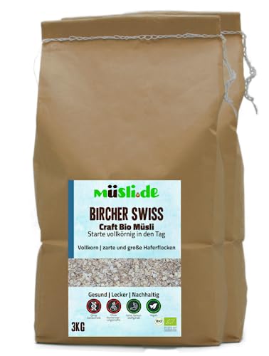 müsli.de BIO Haferflockenmischung Bircher Swiss (feine und grobe Haferflocken) 2 x 3kg, für eine vegane Ernährung geeignet. Knackiger Geschmack dank Vollkornflocken. (3kg Beutel (2 Stück)) von müslide