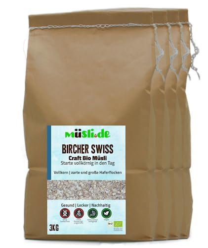 müsli.de BIO Haferflockenmischung Bircher Swiss (feine und grobe Haferflocken) 4 x 3kg, für eine vegane Ernährung geeignet. Knackiger Geschmack dank Vollkornflocken. (3kg Beutel (4 Stück)) von müslide