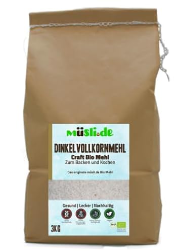 müsli.de BIO Dinkelvollkornmehl - 3kg, zum Backen (z.B. Brot, Brötchen, Gebäck und Kuchen) und Kochen geeignet. von müslide